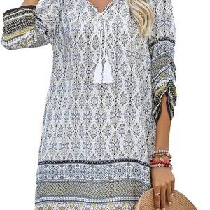 Women Casual Beach Summer Dress Boho Tassel Tie Neck 3/4 Long Sleeve Short Flora